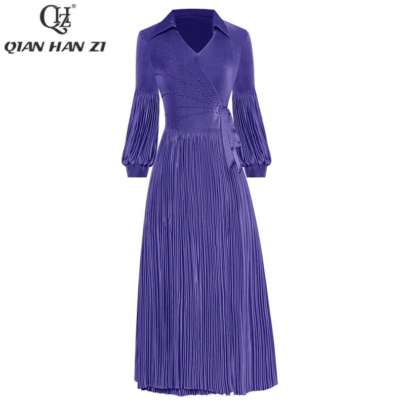 Дизайнерское модное осеннее платье Qian Han Zi с рукавами-фонариками и бусинами