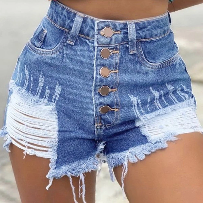 

High Waist Hole Sexy Women Casual Jeans Shorts Washed Ripped Button Fly Solid Color Straight Streetwear Denim Shorts For Lady