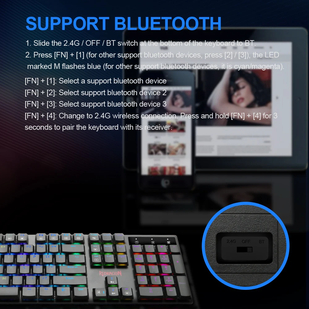 Механическая игровая клавиатура Redragon Static X K535P с RGB-подсветкой USB Bluetooth 5 0 2 4 ГГц 104