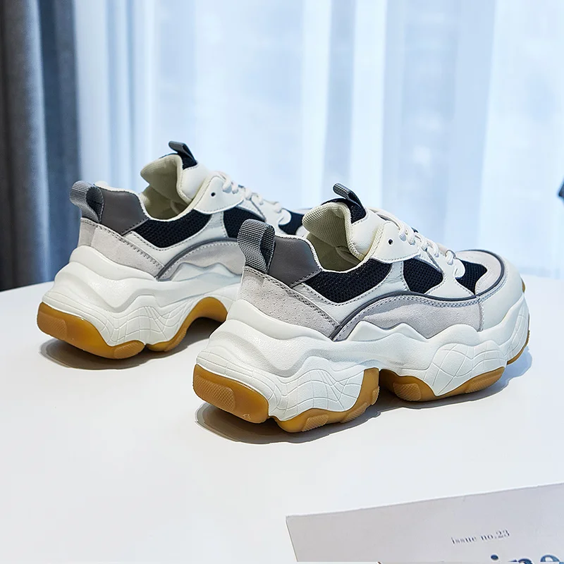 

MLJUFEE 2021 Women Chunky Sneakers Cow Suede Mixed Colors Casual Trend Lace Up Female Comfortable Vulcanize Sports Shoes