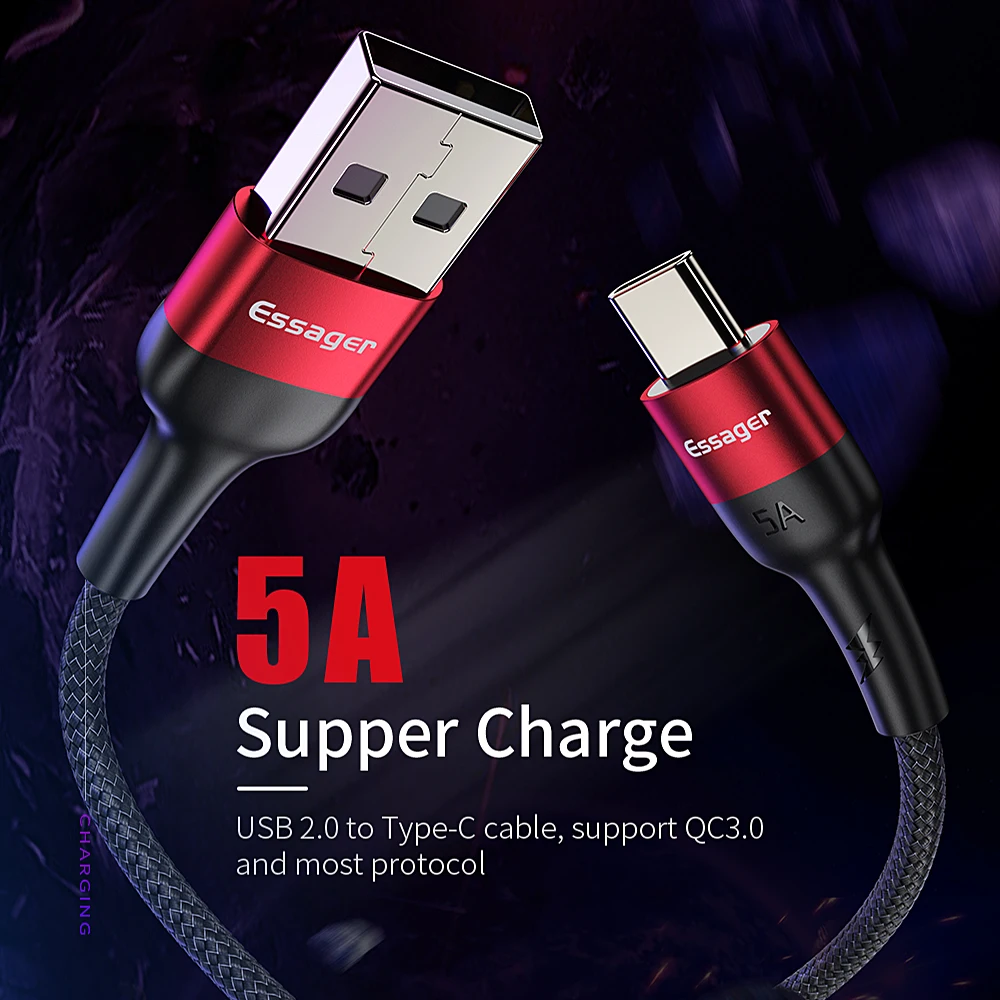 Usb кабель Essager 5A Type C для Huawei Mate 20 P30 P20 Pro Lite Xiaomi Redmi Note 7 USBC шнур с быстрой зарядкой