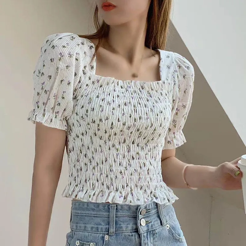 

Summer Women Puff Sleeve Blouse Floral Print Square Collar Sweet Shirts Female Chiffon Blouse Tops
