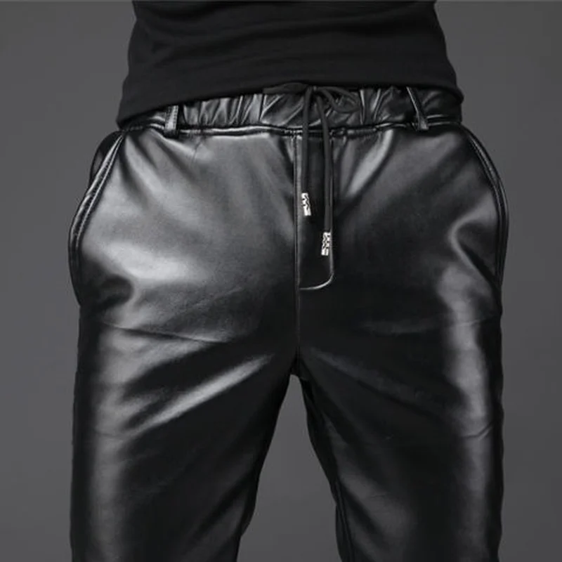 Men's Leather Pants Korean Slim Fit Man Skinny Pencil Pants High Elastic Fashiion Fleece Youth Male Leather Motorcycle Pants images - 6
