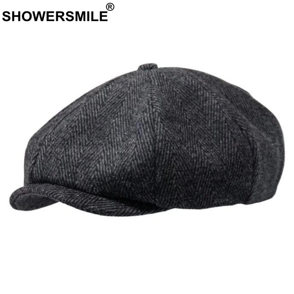 

SHOWERSMILE Brand Wool Newsboy Caps Men Grey Herringbone Flat Caps Women Coffee British Gatsby Cap Autumn Winter Woolen Hats