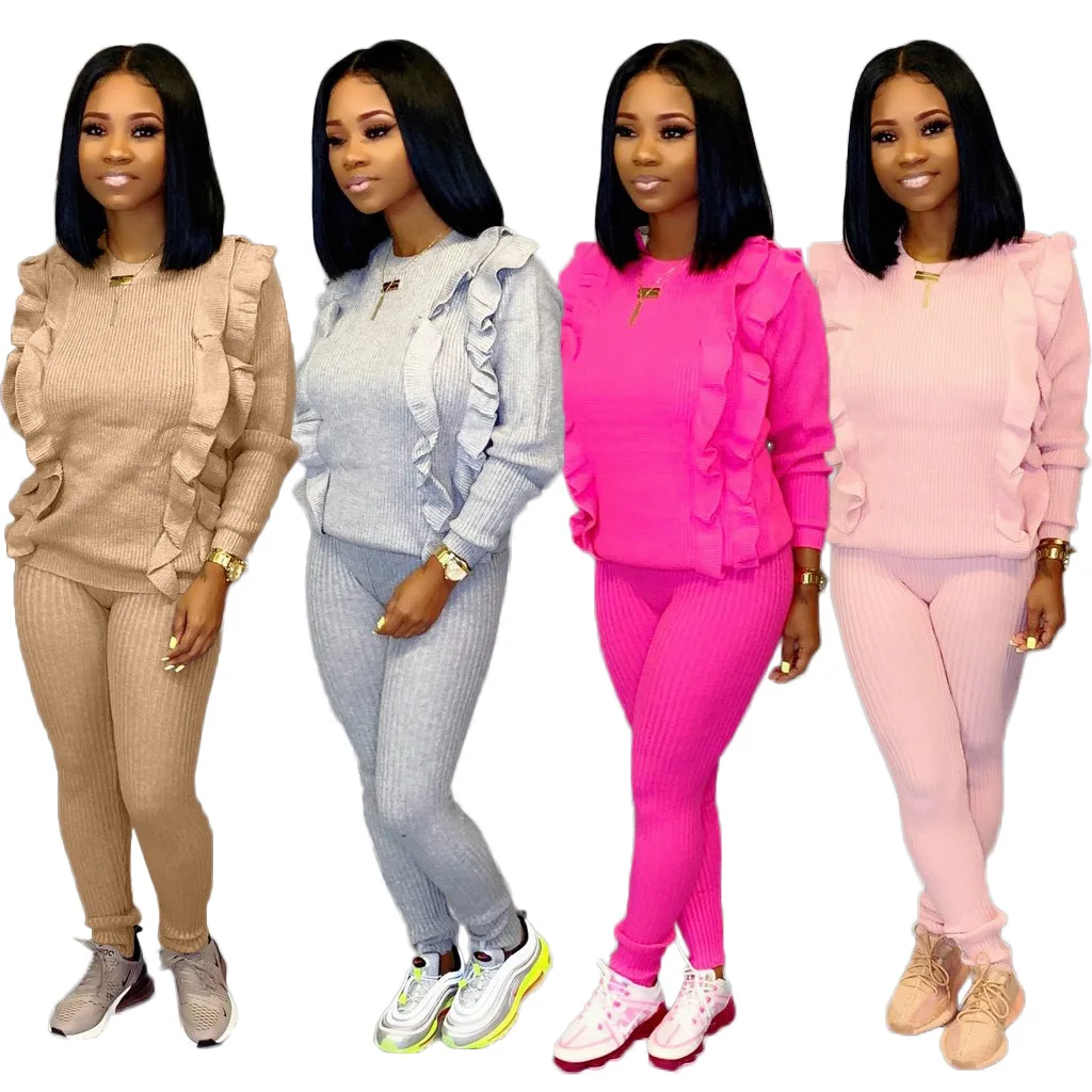 Повседневный многоцветной деревянный вязаный костюм с ушками розовый комплект