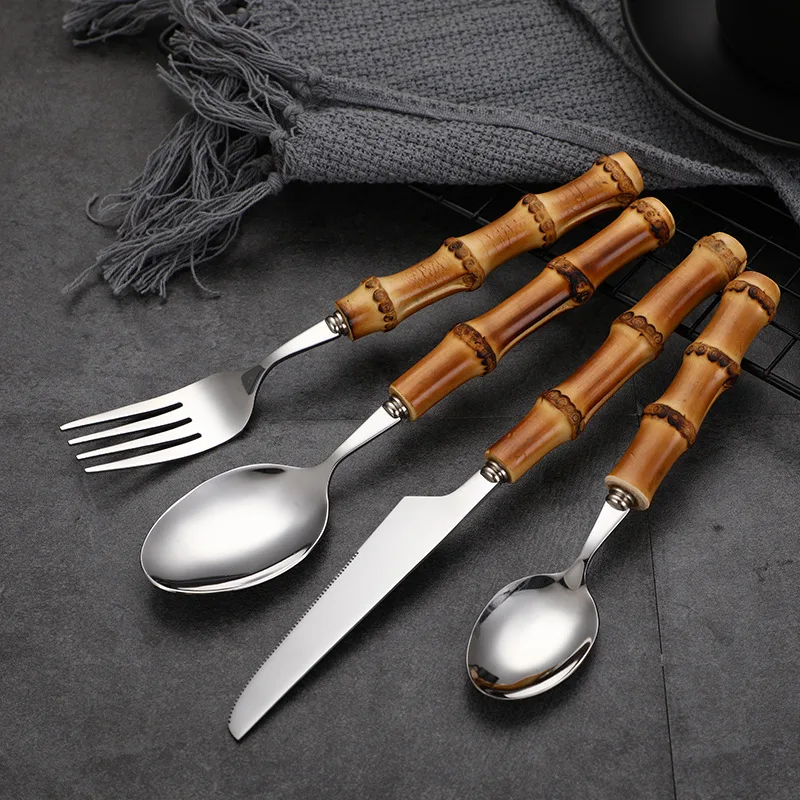 

Bamboo Handle Stainless Steel Dinnerware Set Retro Dessert Spoon Steak Knife Fork Camping Tableware Utensils for Kitchen