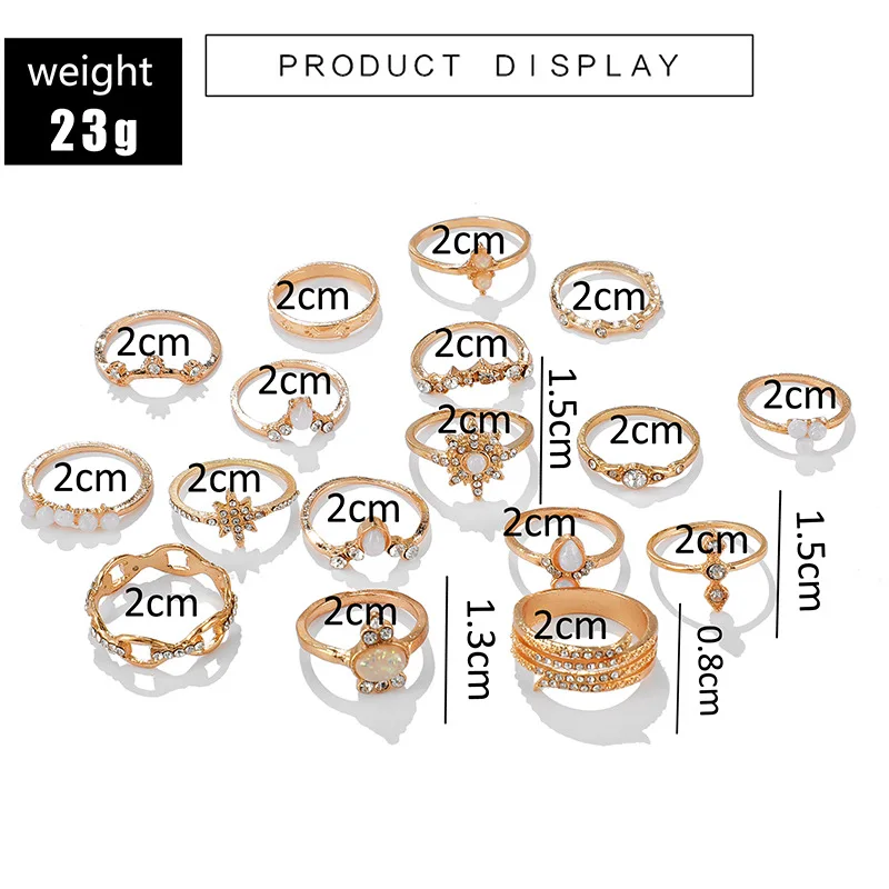 

17PCS Bohemian Geometric Rings Sets Clear Crystal Stone Gold Chain Rings for Women Jewelry Accessories