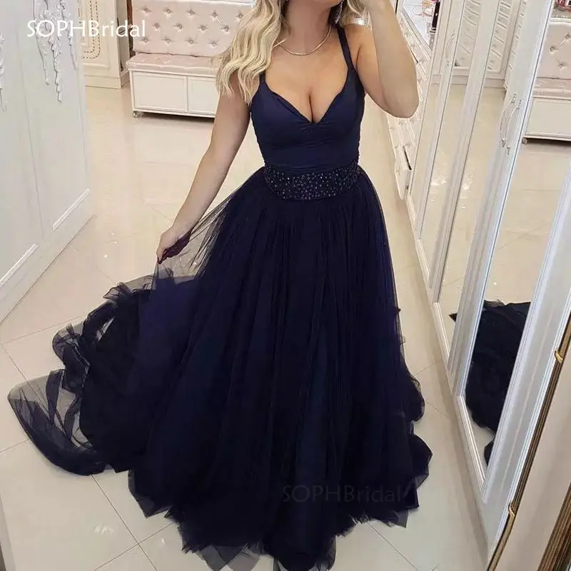 

New Arrival Deep V Neck Evening Dresses 2021 A Line Long Tulle Beaded Evening Gowns Sweep Train Formal Party Dress Vestidos