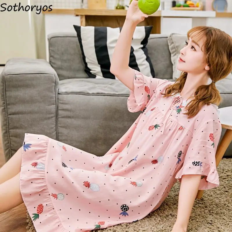 

Nightgowns Women Summer 2020 Thin Kawaii Sweet Korean Style Womens Knee-Length Round Neck Printed Sleepwear Female Soft Chic