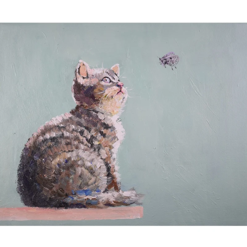 

CX Pure Hand Drawing Oil Painting Cat and Butterfly Modern Minimalist Style Living Room Hanging Painting Animal Original Art
