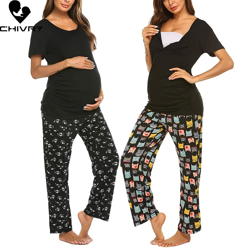 

Пижама хлопковая с длинным рукавом для беременных и кормящих женщин, регулируемые штаны с принтом