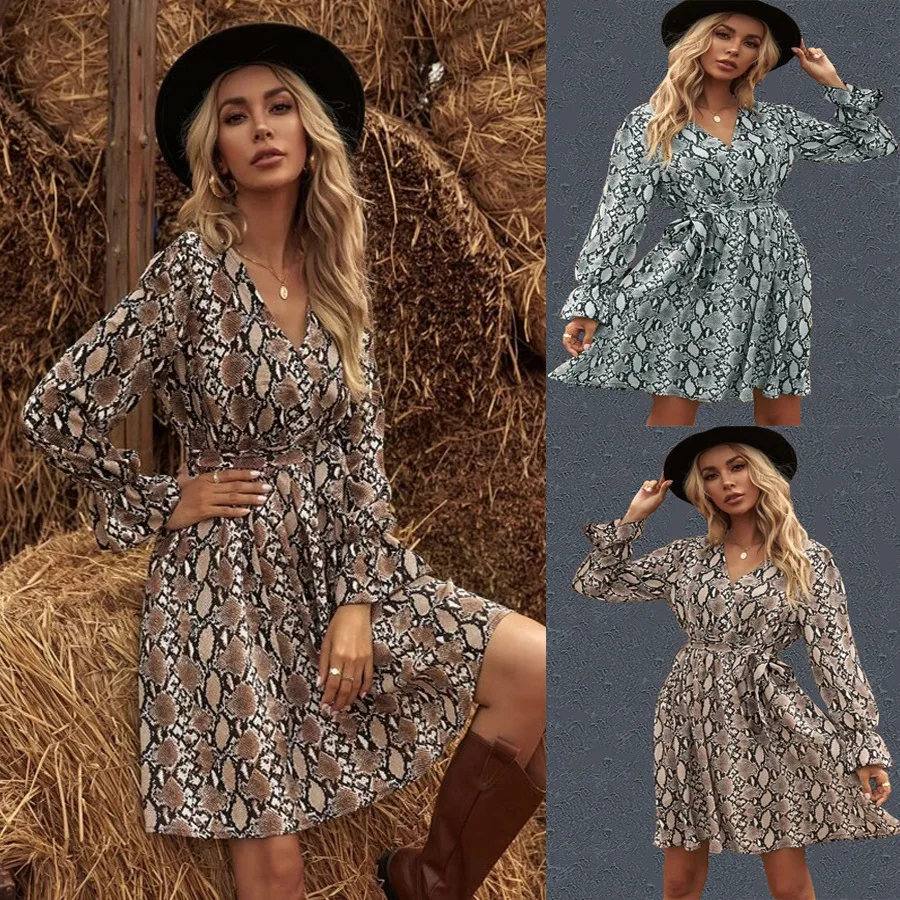 

2021 Spring and Autumn New Female Snake Print Leopard Print V-neck Girdle Waist Long Sleeve Dress Dresses For Women
