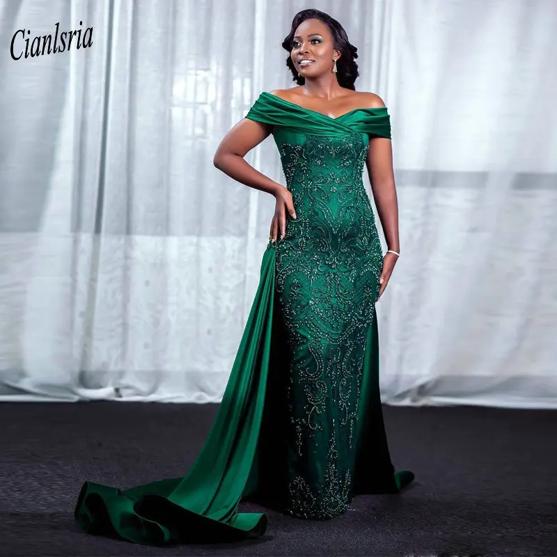 

Dark Green Off The Shoulder Nigerian African Mermaid Evening Dress Luxury Beading Crystal Long Formal Evening Party Dresses