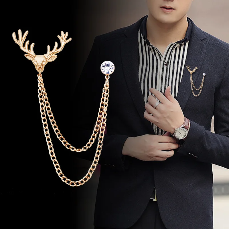Vintage Metal Small Elk Brooch Rhinestone Tassel Chain Lapel Pin Suit Shirt Collar Badge Brooches Men's Christmas Jewelry | Украшения и