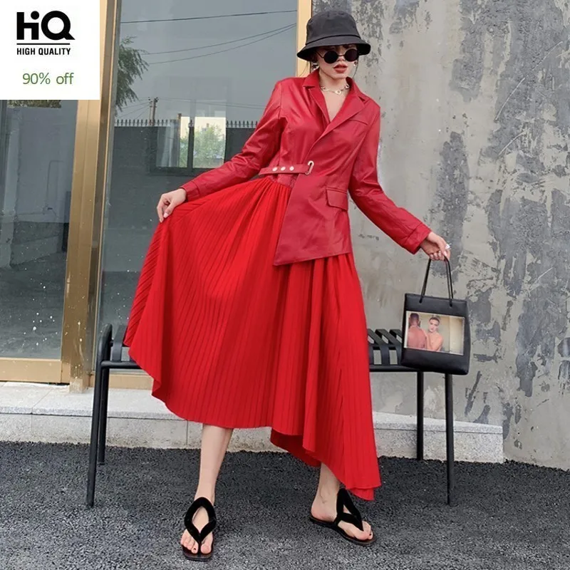 Осенне зимнее новое платье из овечьей кожи лоскутное Плиссированное шифоновое