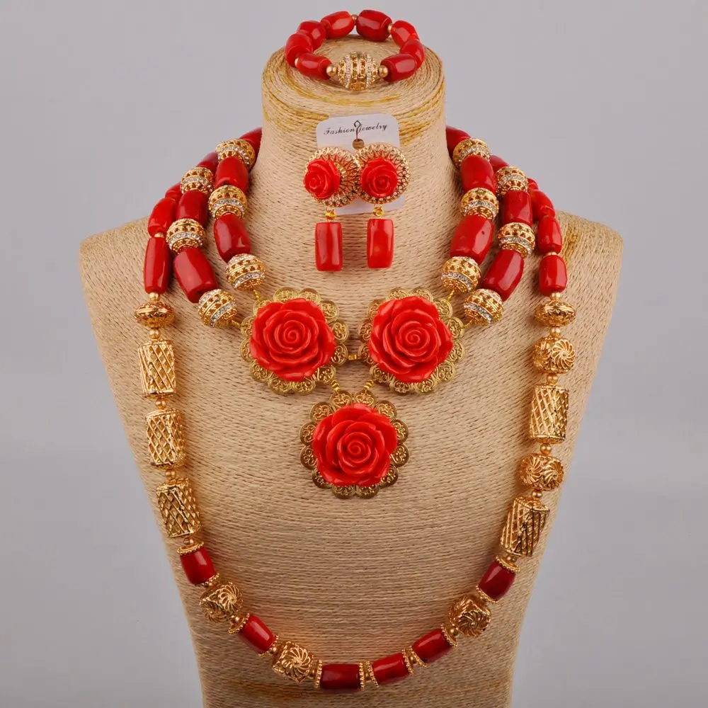 Нигерийские Свадебные красные коралловые бусы комплект ювелирных изделий
