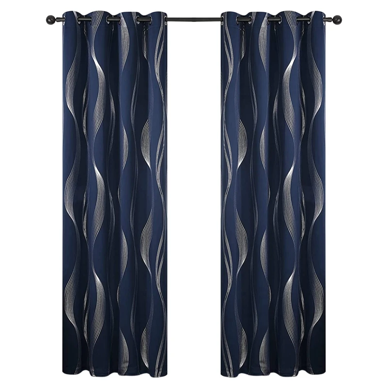 

2-Piece Room Blackout Curtains, Wave Stripe Aluminum Foil Printed Grommet Curtains, Blue