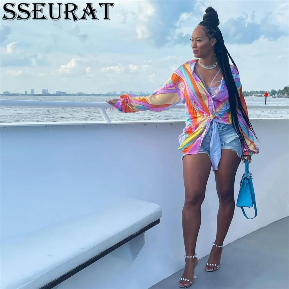 

SSEURAT 2021 Autumn New Long Sleeve Printing Tie Strap Loose Holiday Blouse Women