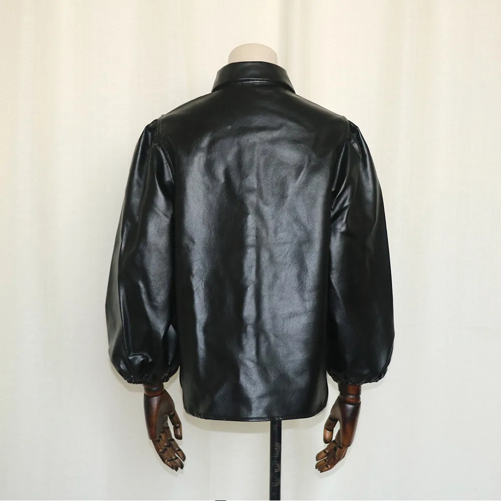 Женская блузка из искусственной кожи черная Свободная рубашка с отложным