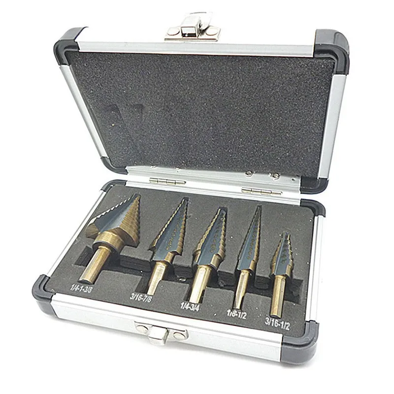 

5Pcs HSS High Speed Steel Cobalt Step Drill Bit Set Multiple Hole 5 Size Center Punch with Aluminum Case for Accurate Locator