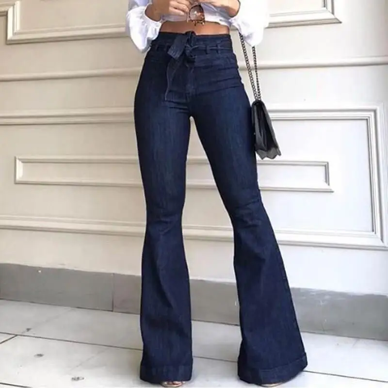 Autumn Women Blue Pockets Wide Leg Pants Sashes Belt High Waist Jeans Streetwear Lace Up Bell-Bottomed | Женская одежда