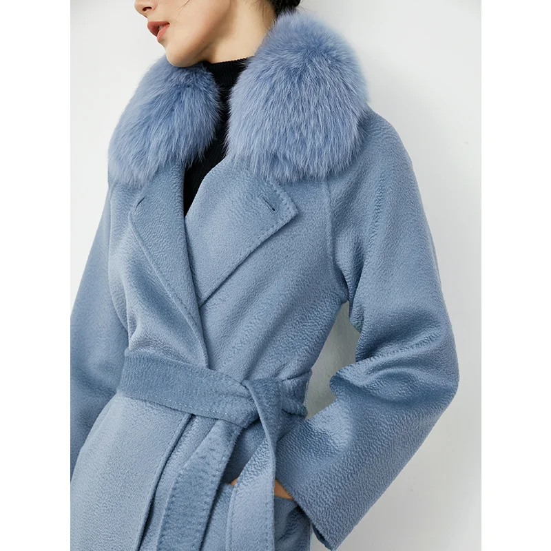 Best Gifts Blue Color Two Pockets Slashes Long Autumn Winter Coat Women Blends Wool Collar Casmere Ladies Warm Slim Outwear |