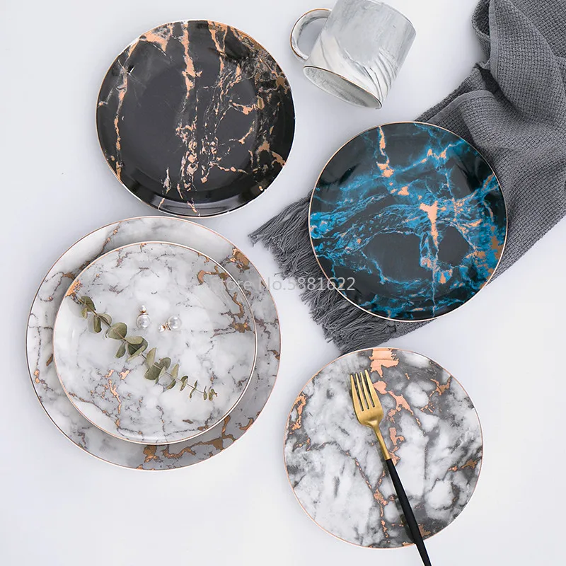 Керамические обеденные тарелки в европейском стиле с мраморным узором из
