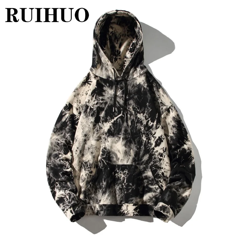 

RUIHUO Tie-dye Pullover Hoodie Men Clothing Korean Fashion Sweatshirts Men Hoodie M-3XL 2021 Autumn New Arrivals