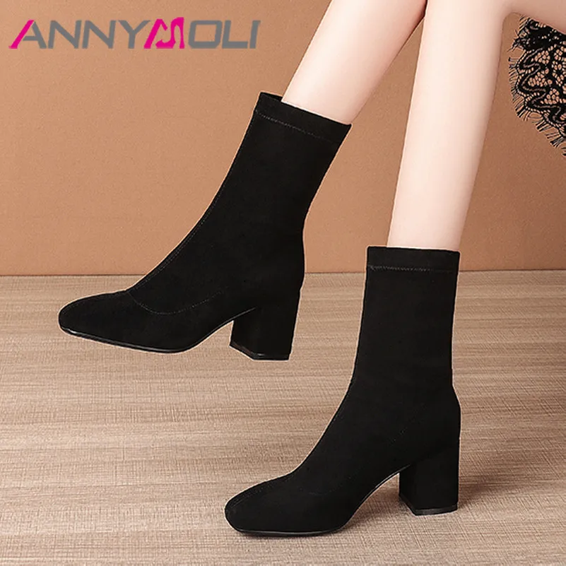 

Ботильоны женские ANNYMOLI, на высоком каблуке, с квадратным носком, черные, стрейчевые, Осень-зима, 40