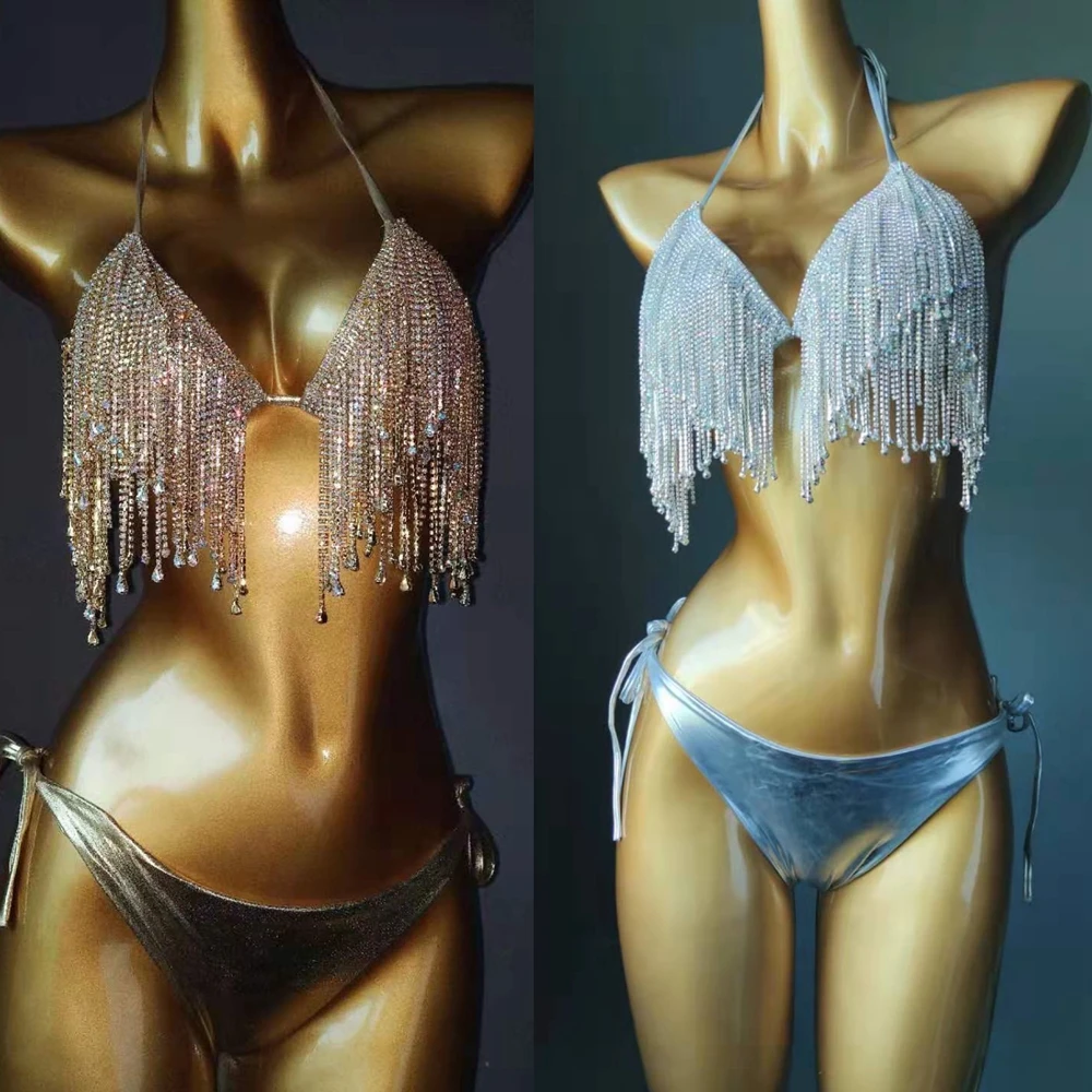 2020 Sexy Summer Women Summer Swinwear Sliver Gold Diamond Blink Tassel Bodysuit Bikini Two 2 Pieces Sandy Beach Party Wholesale
