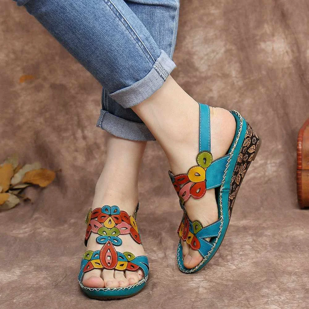 

SOCOFY Bohemia Sandals Leather Buckle Slingback Floral Cut-out Stitching Wedge Summer Sandals Women Shoes Botas Mujer 2020