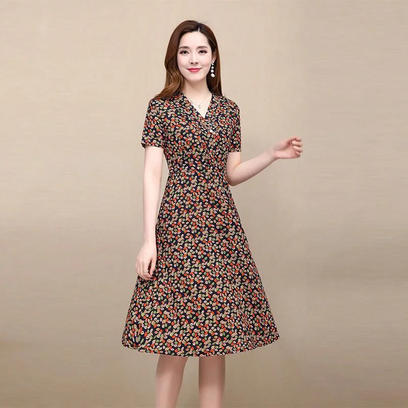 

Women Casual Spring and summer Dress Lady Korean Style Vintage Floral Printed Chiffon New slim slimming simple printinger Dress