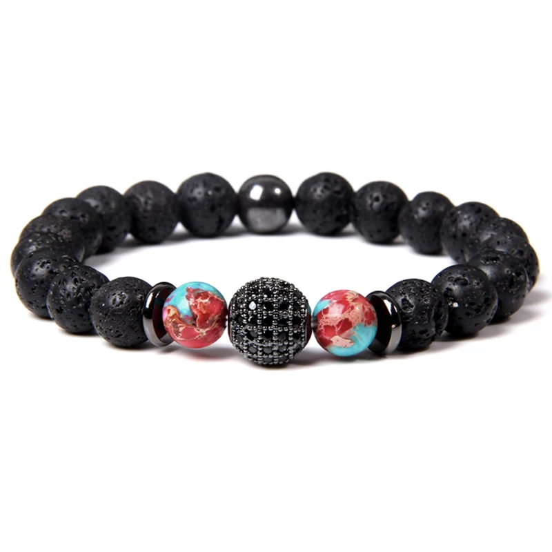 

Trendy Men Black Lava Volcanic Stone Bracelet Black Micro Pave Zircon Ball Charm Bracelet Yoga Jewelry for Women Men Gifts