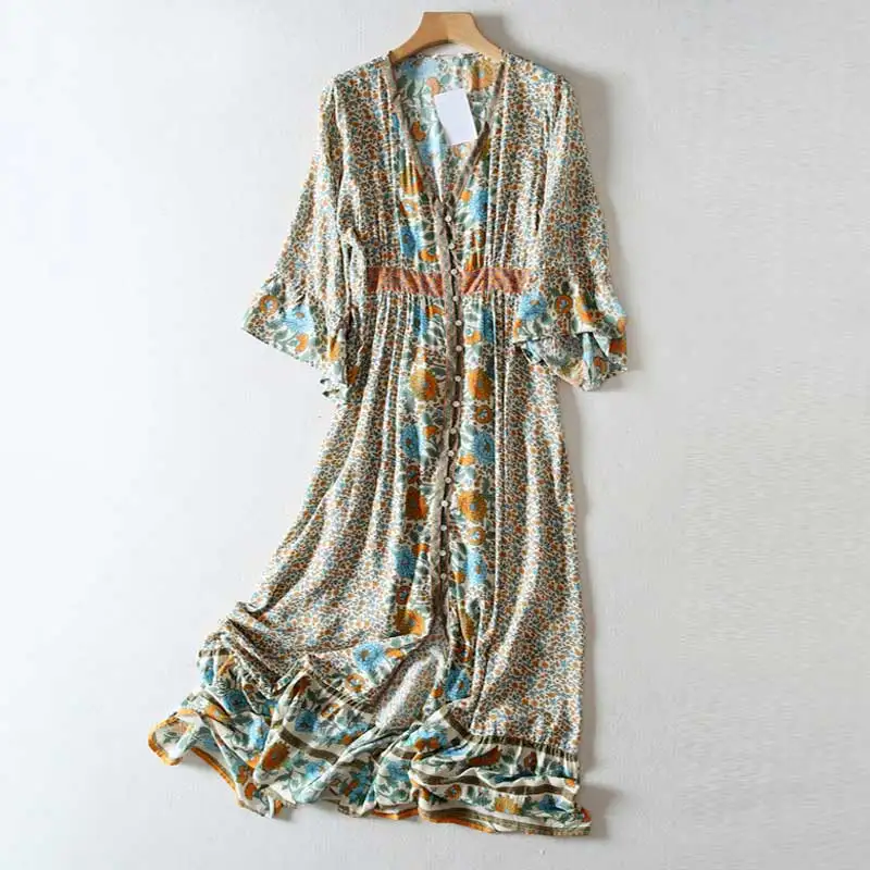 Boho платье Птицы Цветочный Принт летние платья Империя талии кисточки связали v-образным вырезом chic vestido оборками рукав длинное платье для женщин