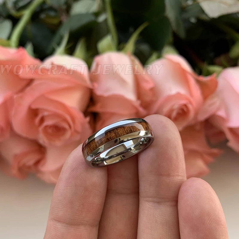 Женские кольца из карбида вольфрама с деревянной инкрустацией 6 мм блестящие и