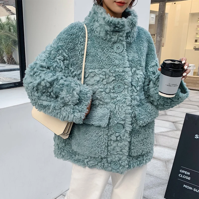 

Ptslan 2020 Genuine Wool Soft Winter Button Stand Collar Jackets Real Shearing Sheep fur Coats Winter Patch PocketP5859