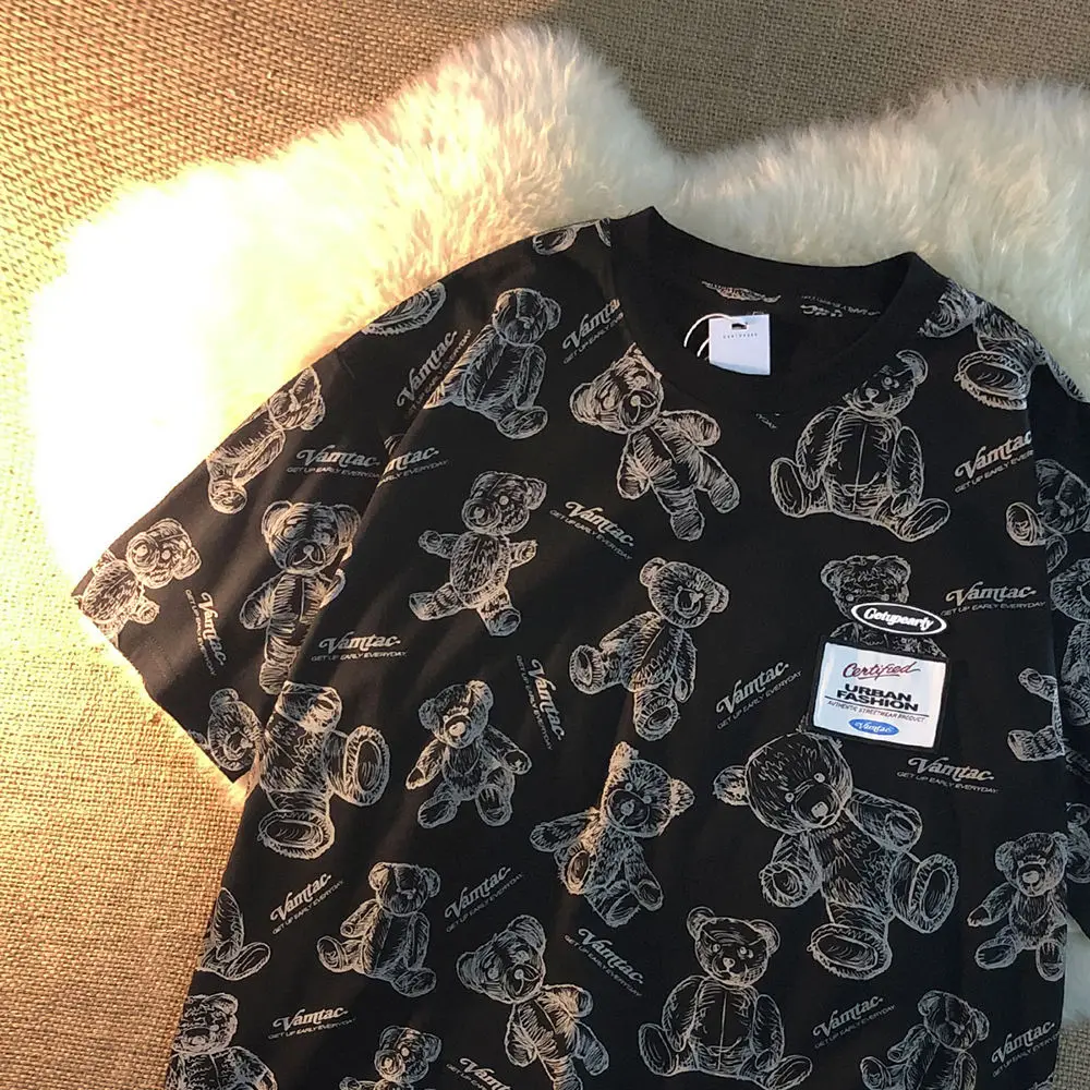 

2022 Black Bear Tshirt Streerwear Japan Cartoon Tops Summer Animal Print Tees Causal Harajuku Oversize Punk Youth T Shirts Males