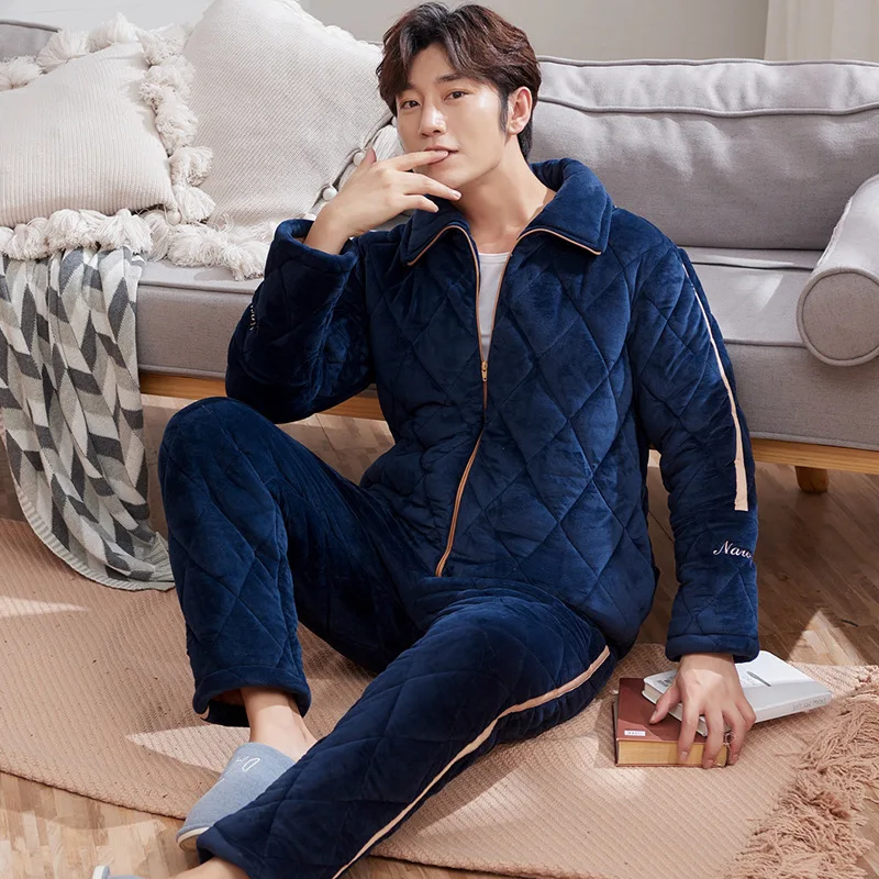 Men's Pajamas Winter Three-layer Quilted Plus Velvet Thick Coral Fleece Suit Flannel Warm Home Service Autumn and Winter Fashion