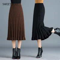 knitted pleated skirt long womens 2021 autumn winter long skirt thick wool high waist woman skirts mujer faldas saias mulher