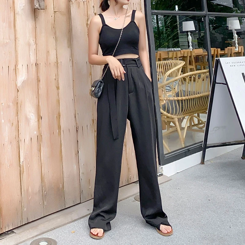 Широкие брюки с поясом и высокой талией женские офисные Костюмные 2021 размера