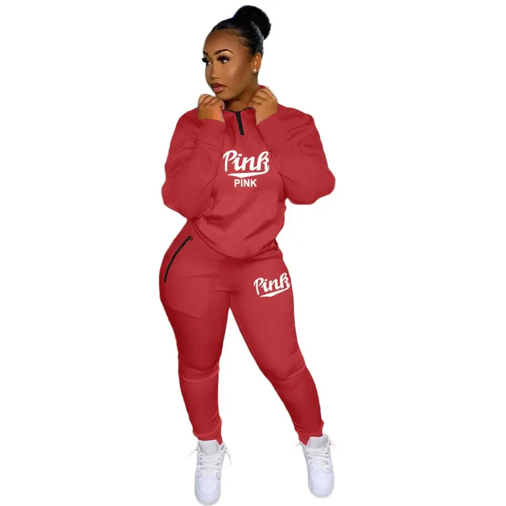 

Activewear Pink Letter Women's Set Zipper Sweatshirt Jogger Pants Set Sporty Tracksuit Fitness Two Piece Set Outfits