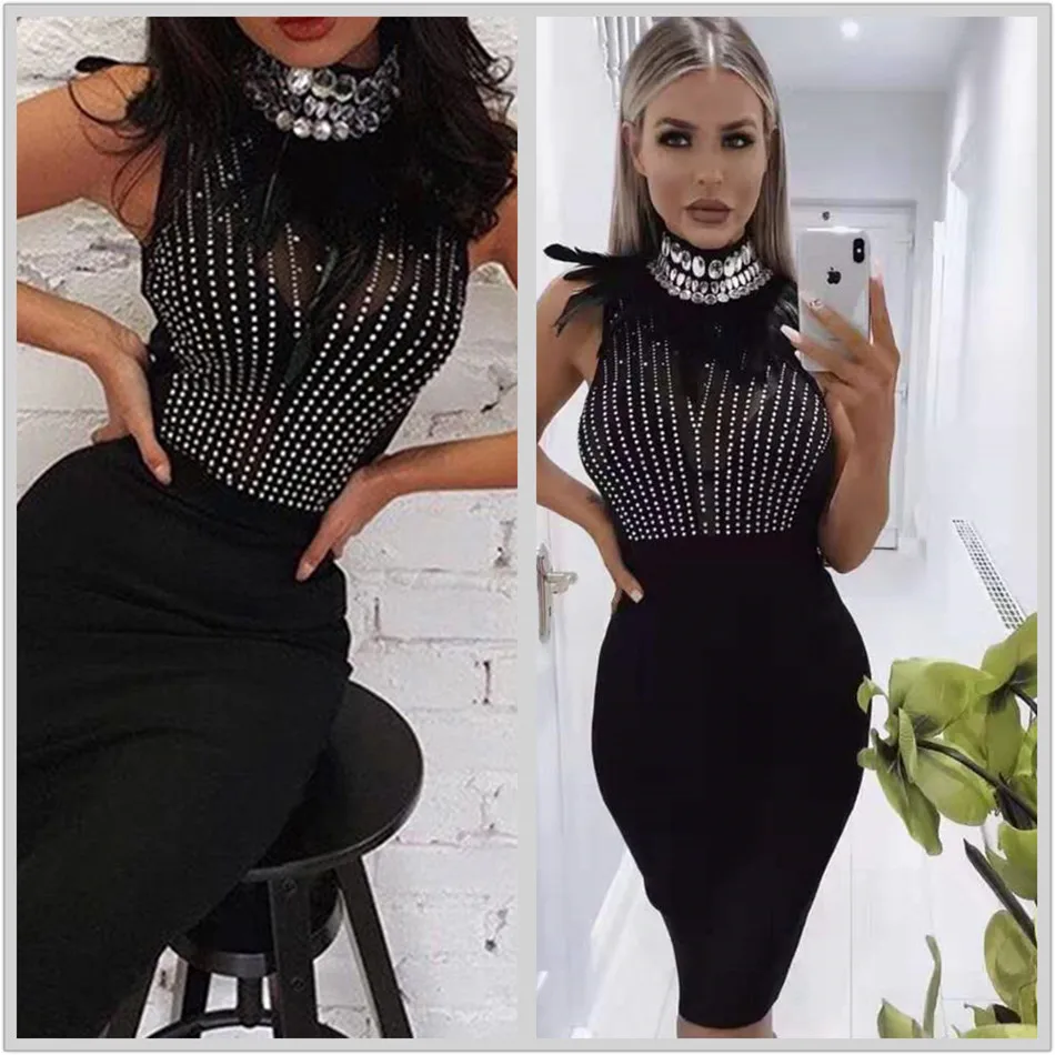 Новые летние Для женщин модные, пикантные эластичные Хлопковое платье Bodycon перспектива черное платье без рукавов с принтом кожаные бусины Клубные вечерние платья