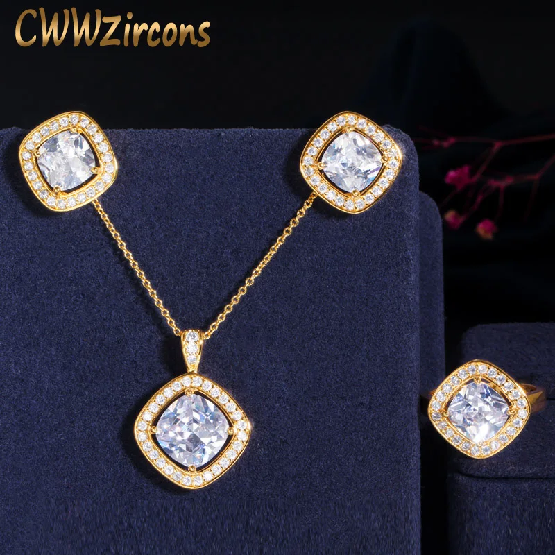 

CWWZircons Cute Romantic Dubai Gold Color Square Shiny Cubic Zirconia Necklace Earring Ring Fashion Women Jewelry Sets Gift T413