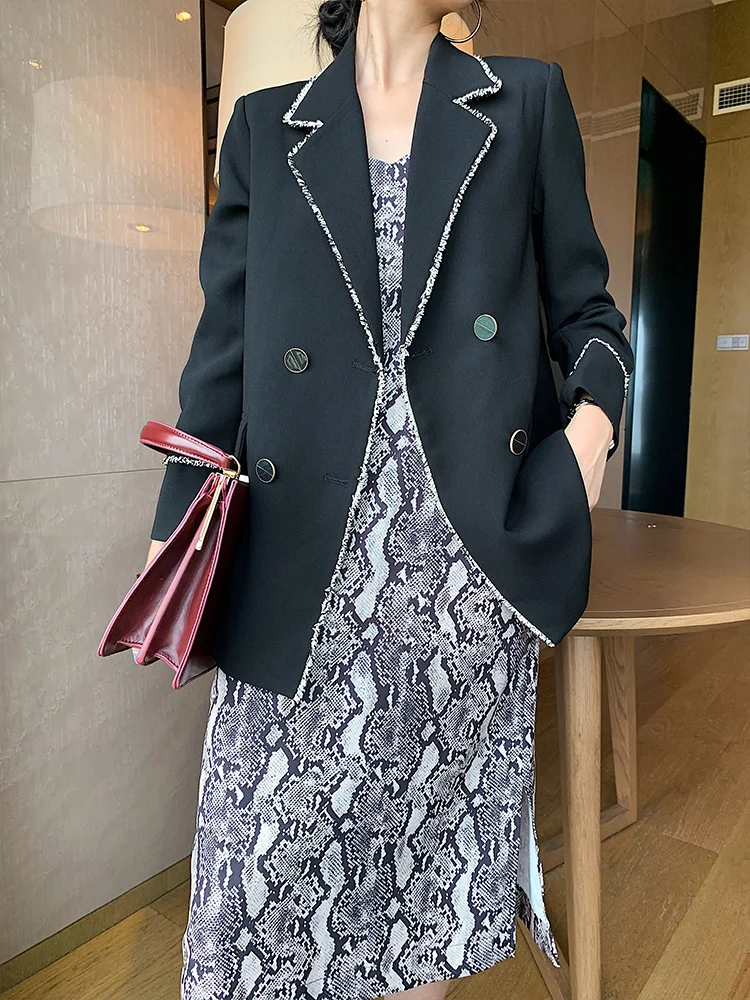 Женский двубортный блейзер с длинным рукавом модельный повседневный черный