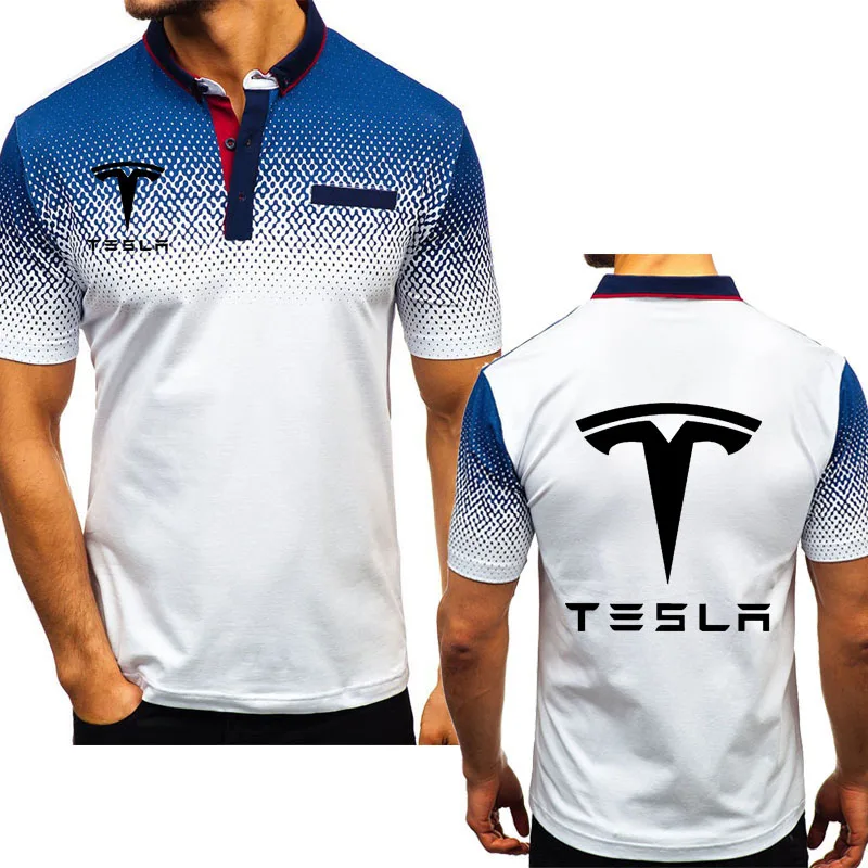 

New in 2021 Summer Men's Polo shirt Tesla Car Logo Printed High Quality Cotton Gradient casual Men's Short sleeve
