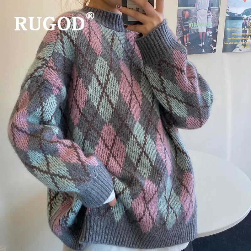 RUGOD Christmas sweater for women vintage plaid pattern oversized tunic korean chic warm knitted pullover fashion casual female | Женская