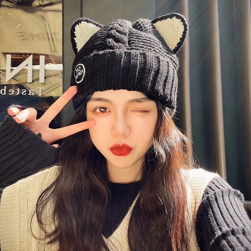 

Cotton Kitten Ears Knitted Woolen Hat Women's Autumn and Winter Korean Version Plus Velvet Warmth Wild Cute Cold Hat Tide