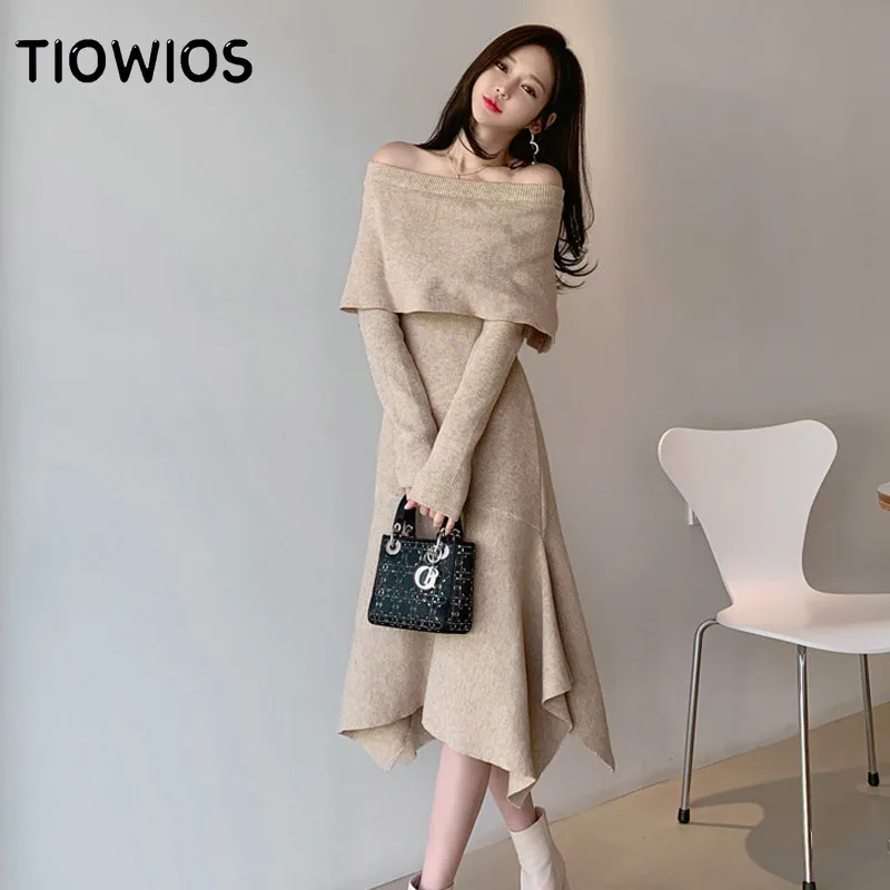 

TIOWIOS Korean Sexy One-neck Slim Ruffled Knit Bottoming Skirt Sweater Dress