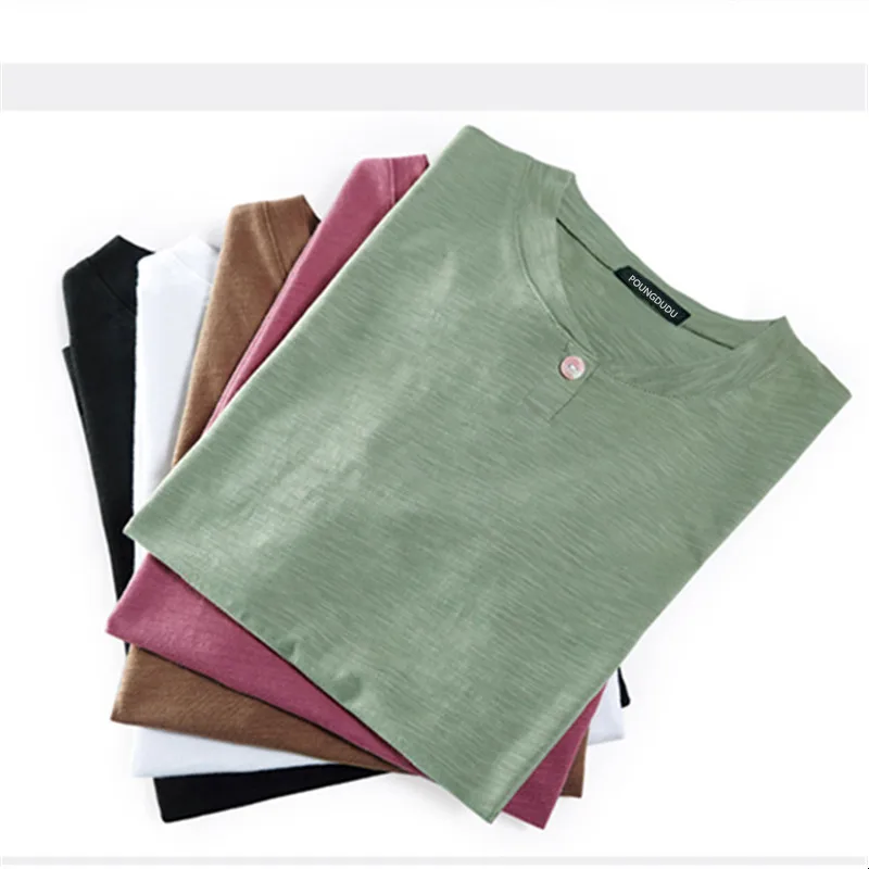 

POUNGDUDU 2021 Summer Women's T-Shirt Female Tops For Girl Tees Cotton Soft Concise Buttons V-Neck Short-Sleeve Office Lady