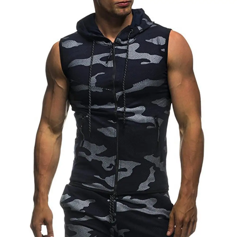 

Men's Hoodies vest Summer Men Gym Fitness Camouflage Mesh Hoodies Zip Up Sleeveless Hooded Tank Top Sweatshirt Spring Fashion